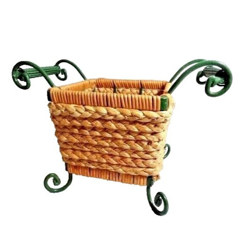 Braided Wicker Straw Basket 6-in Square Green Metal Scroll Feet Handles Vintage